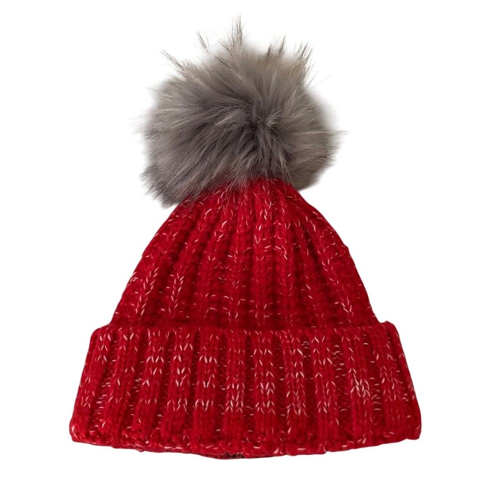 New Kyi Kyi Canada Womens Red White Pompom Chunky Knit Cuffed Beanie